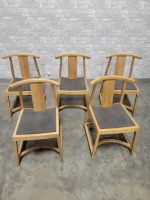 Solid Oak Chairs with Grey Fabric - Lot of 5