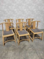 Solid Oak Chairs with Grey Fabric - Lot of 6