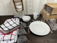57 Pieces 10.5" Plates, Mugs, Bowls, Glasses, Cutlery, Towels, Cloths, Scrubbers
