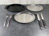 2 Sizzle Steak Sets - Stainless Sizzle Platters, Bakelite Trays, Large Forks and Steak Knives - Lot of 9 Pieces