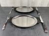 2 Sizzle Steak Sets - Stainless Sizzle Platters, Bakelite Trays, Large Forks and Steak Knives - Lot of 9 Pieces - 3