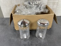 Large Acrylic Containers with Assorted Cheese/Pepper Shaker and Sugar Lids - Lot of 12 (35 Pieces)