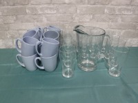 Misc Lot of Beer Glasses, Blue Mugs and Glass Pitcher