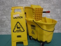 Rubbermaid Janitor Mop Pail and Caution Sign
